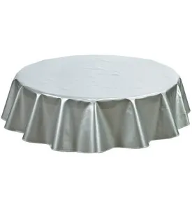 120" Round Oilcloth Tablecloth in Solid Silver