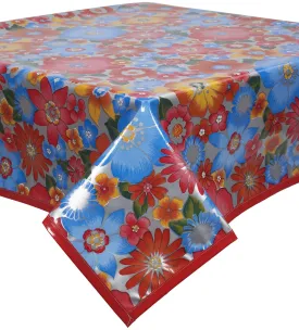 Betty's Bunch Silver Oilcloth Tablecloth with Solid Red Trim