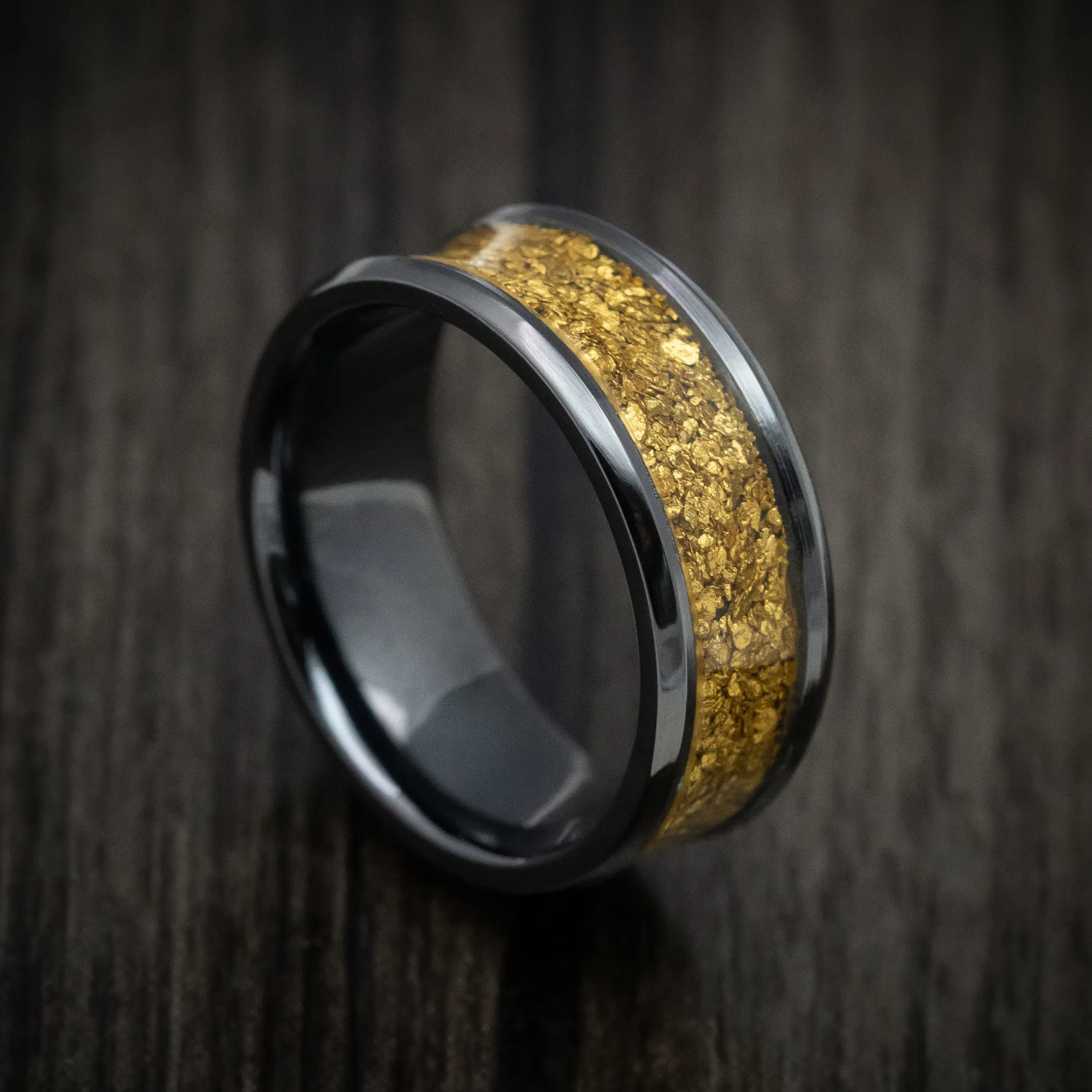 Black Titanium and 24K Raw Gold Nugget Men's Ring Custom Made Band