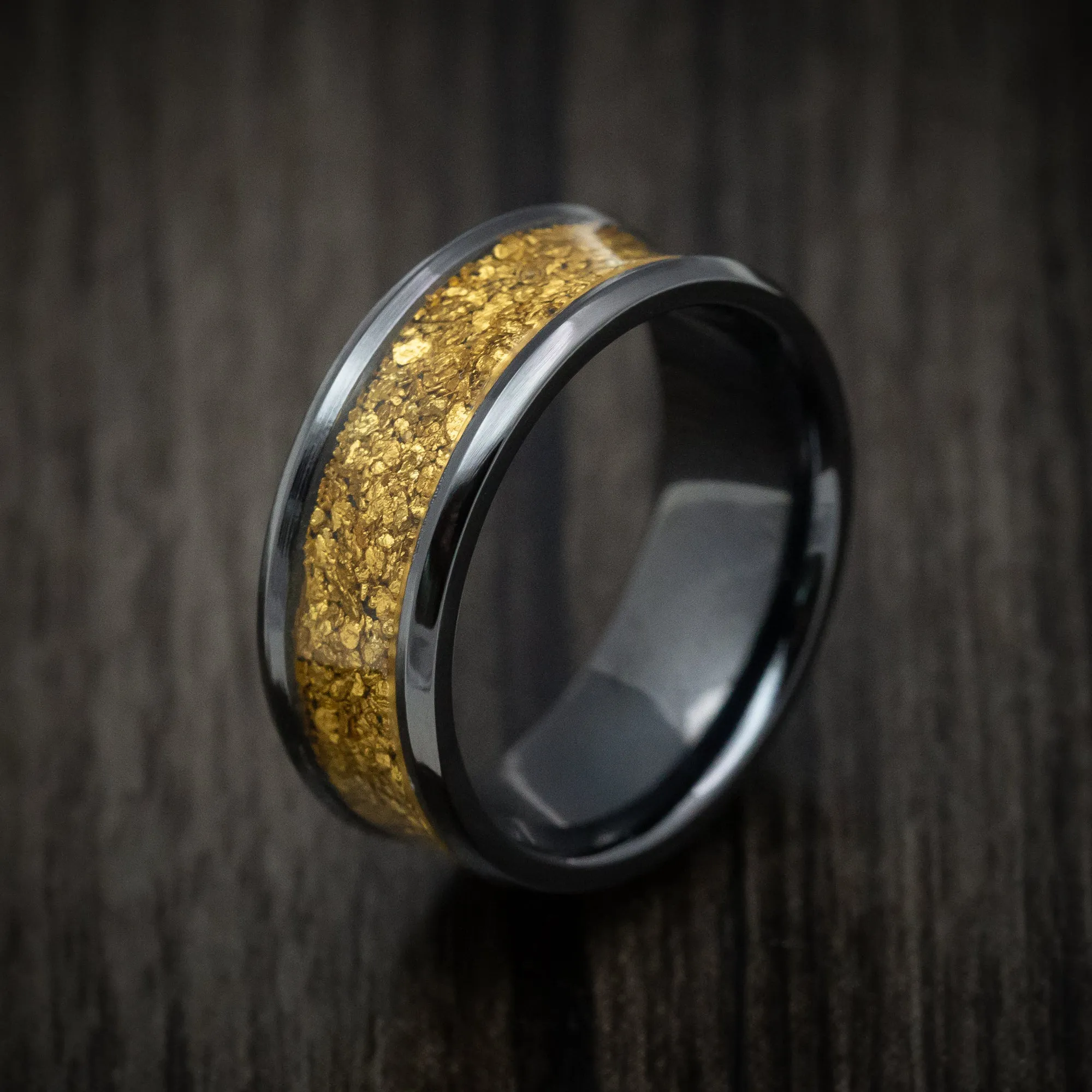 Black Titanium and 24K Raw Gold Nugget Men's Ring Custom Made Band