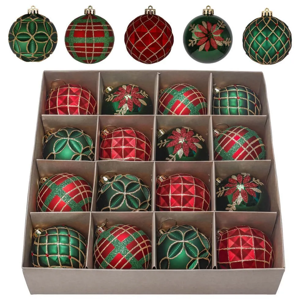 Christmas Ball Ornaments XMas Tree Hanging Decorations, Red, Green & Gold christmas Balls, 16 pcs Box Set