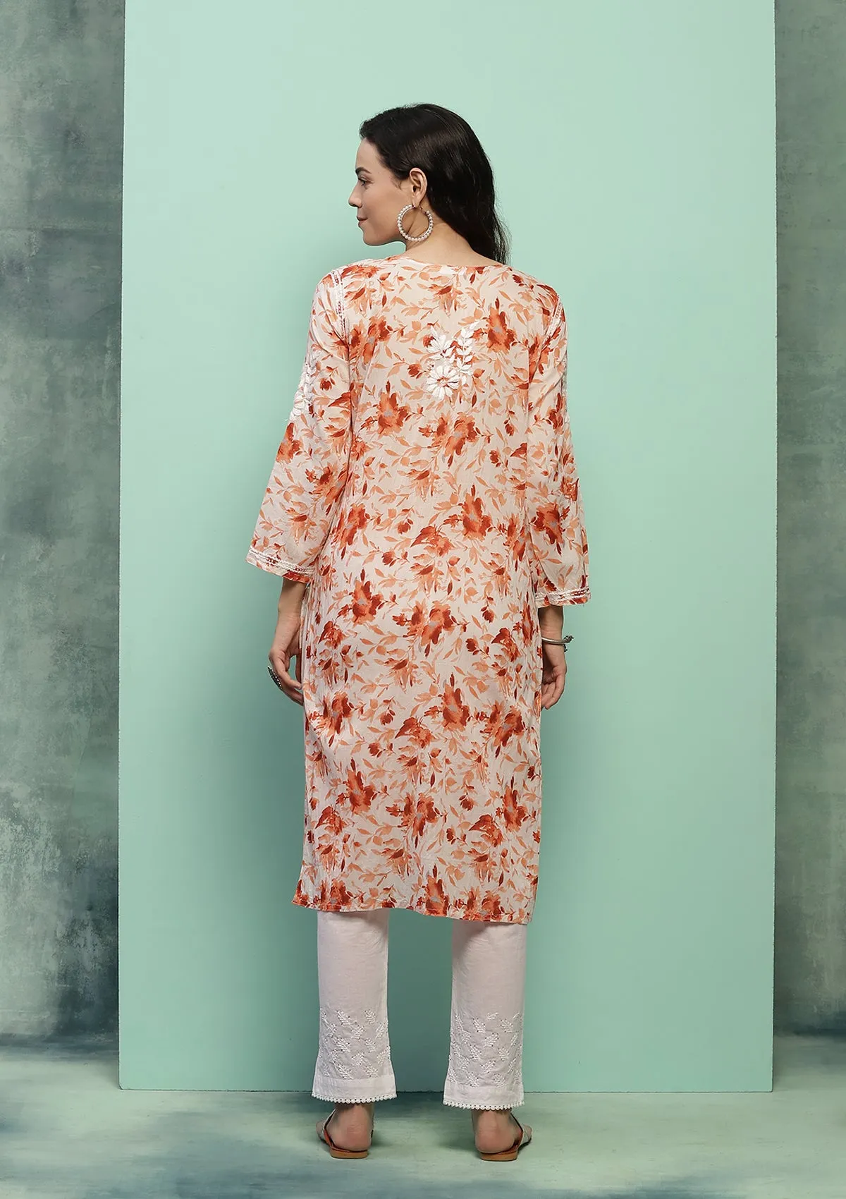 Cotton Chikankari Printed Women's Long Kurta - Orange