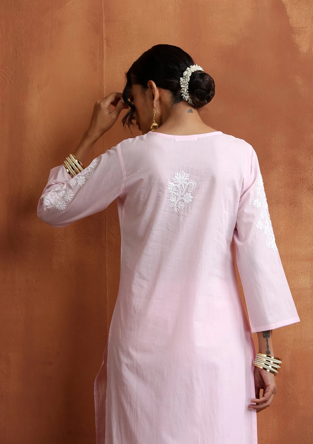 Cotton Chikankari Solid Women's 2 PC Long Kurta Set - Pink