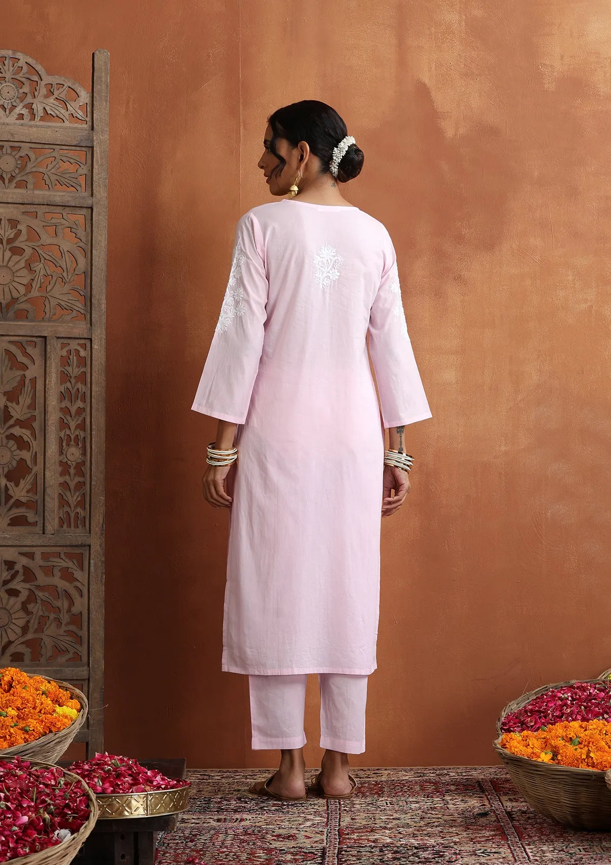 Cotton Chikankari Solid Women's 2 PC Long Kurta Set - Pink