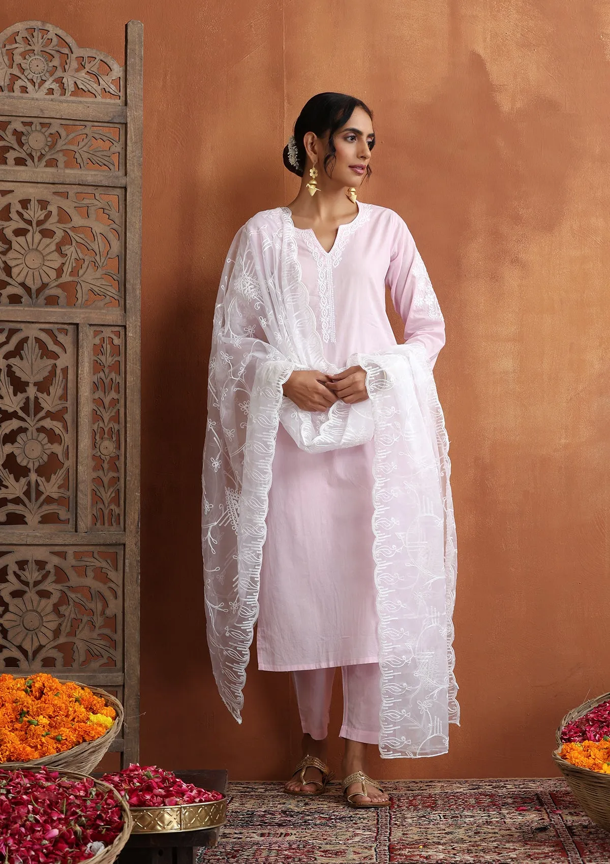 Cotton Chikankari Solid Women's 2 PC Long Kurta Set - Pink