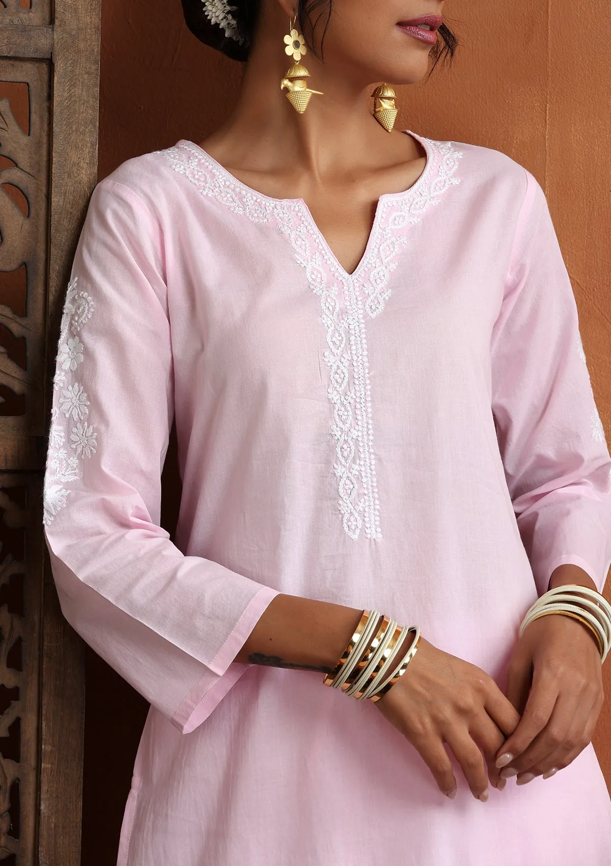 Cotton Chikankari Solid Women's 2 PC Long Kurta Set - Pink