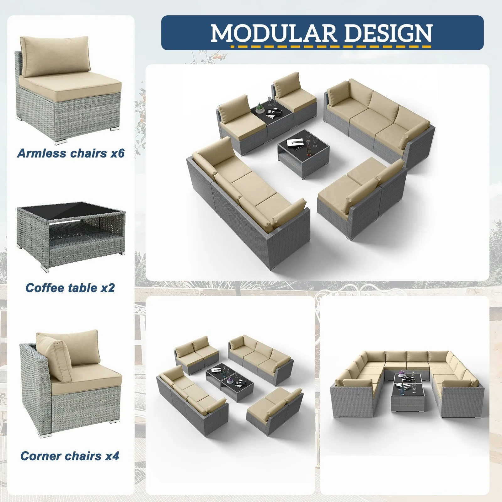 EAGLE PEAK 12 Piece Outdoor Wicker Patio Furniture Set with 2 Coffee Tables, PE Rattan Sectional Conversation Sofa Set with Seating for 10 People