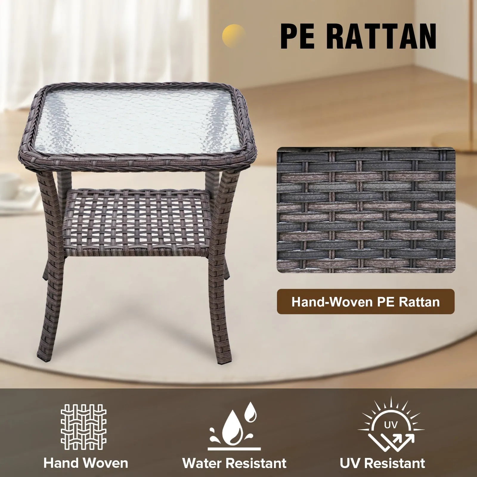 EAGLE PEAK Outdoor Wicker Side Table with Lower Storage, Rattan End Table Coffee Table with Tempered Glass Top, Gray