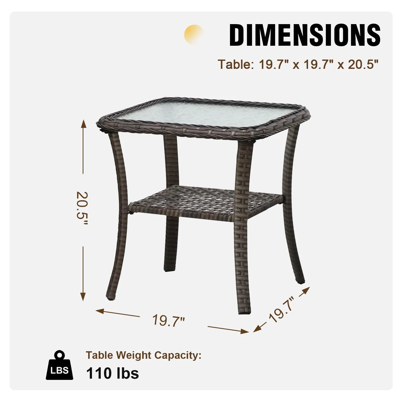 EAGLE PEAK Outdoor Wicker Side Table with Lower Storage, Rattan End Table Coffee Table with Tempered Glass Top, Gray