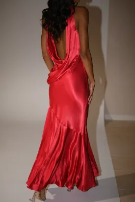 Elegant Ellison Satin Cowl Neckline Gown in Vibrant Red