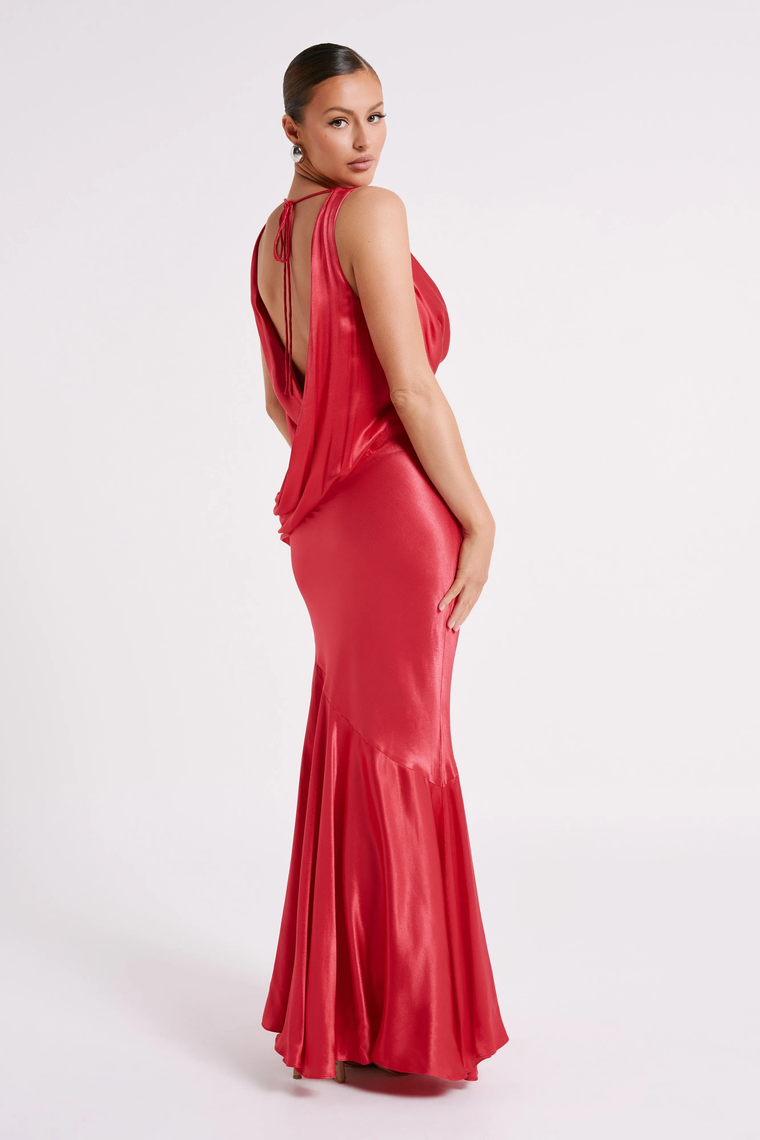 Elegant Ellison Satin Cowl Neckline Gown in Vibrant Red