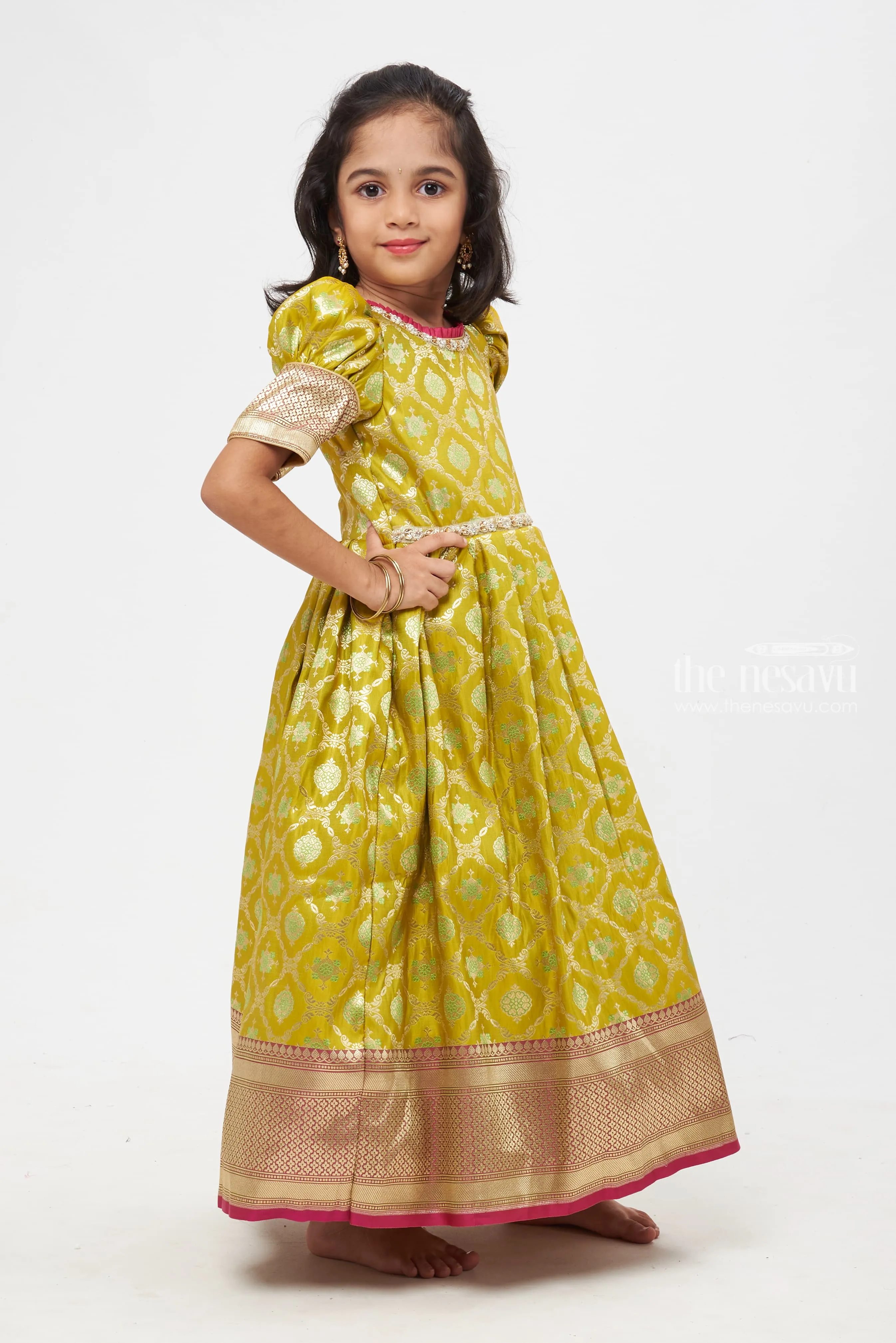 Emerald Elegance: Zari Floral & Knife Pleated Jacquard Banarasi Silk Gown for Girls