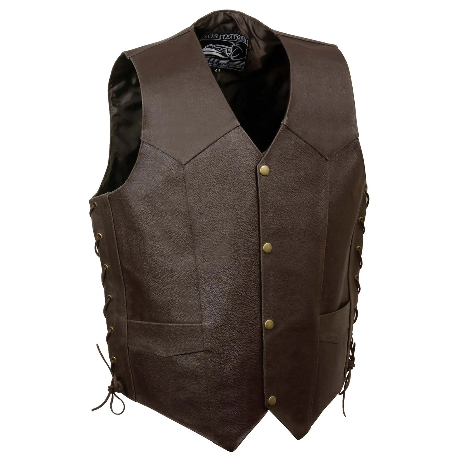 Event Leather ELM3905 'Mayhem' Men's Brown Leather Side Lace Vest with Winged Skull Emboss