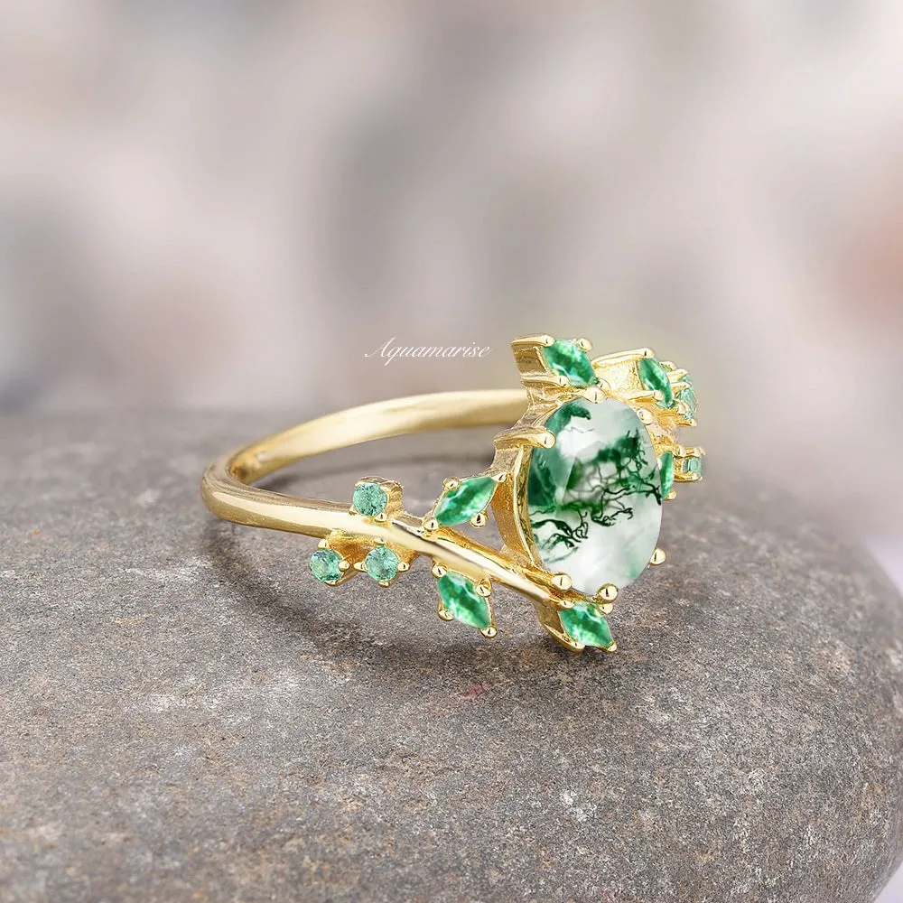 Green Moss Agate & Emerald Leaf Ring- 14K Yellow Gold Vermeil