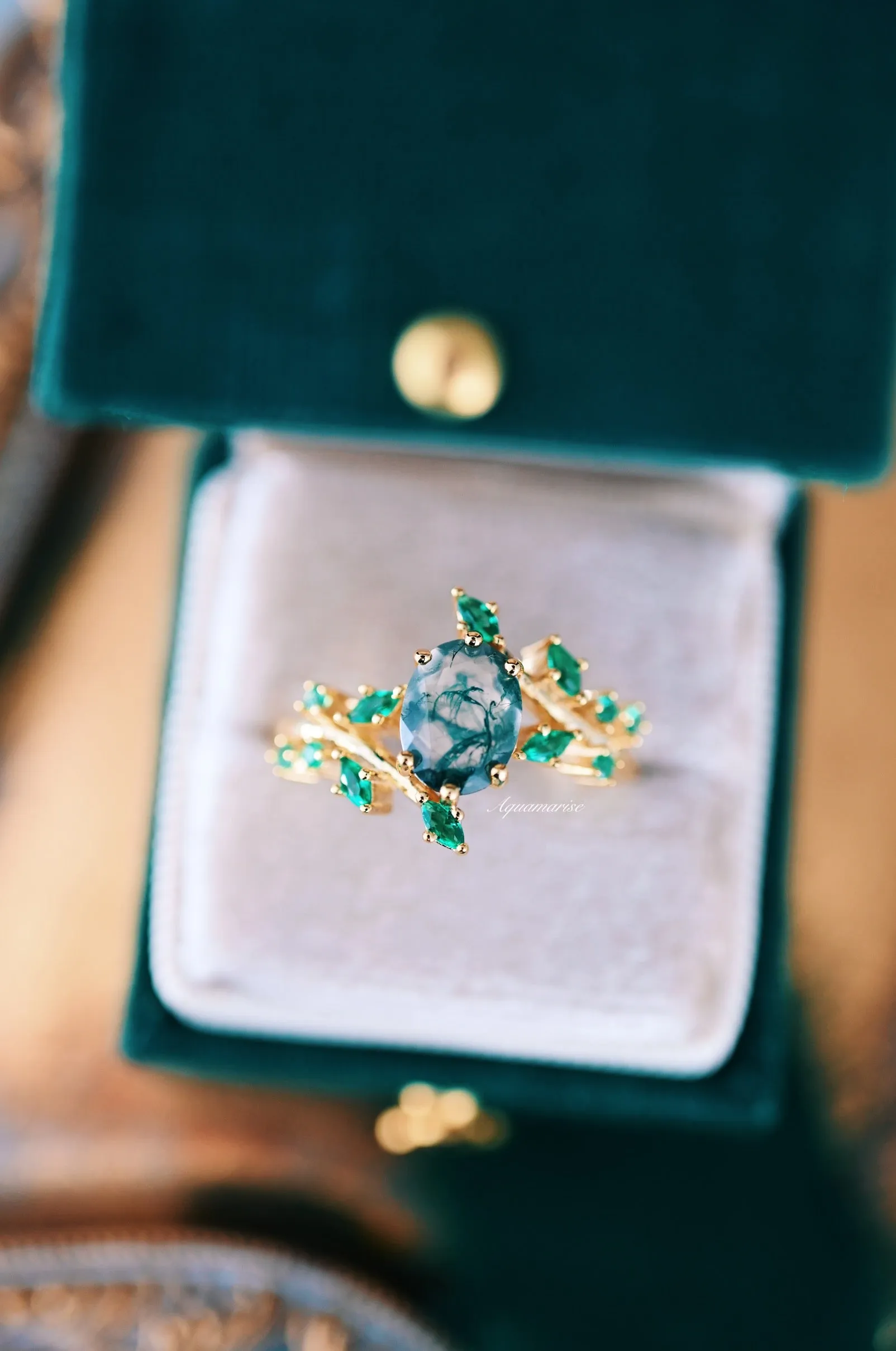 Green Moss Agate & Emerald Leaf Ring- 14K Yellow Gold Vermeil