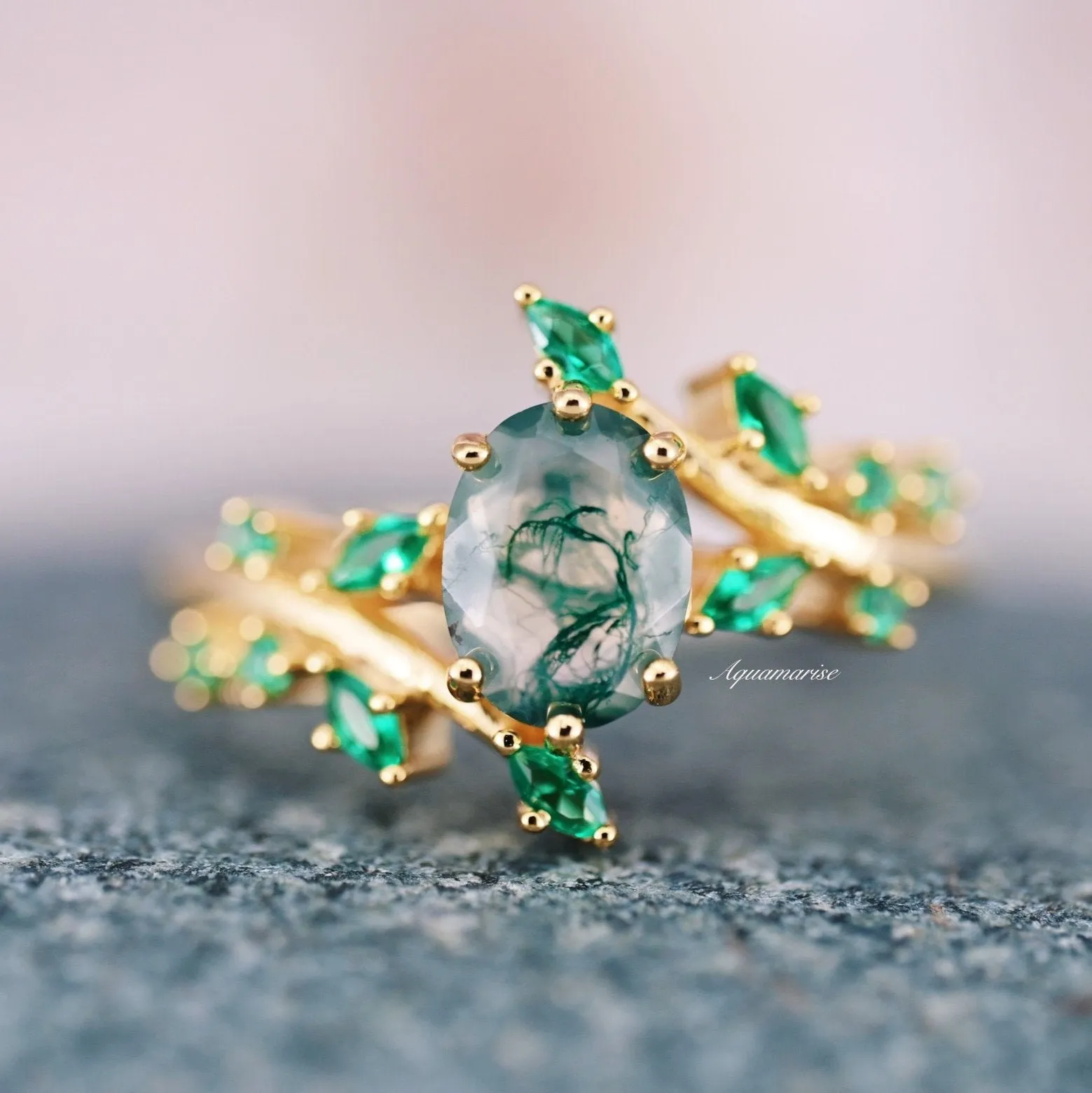 Green Moss Agate & Emerald Leaf Ring- 14K Yellow Gold Vermeil