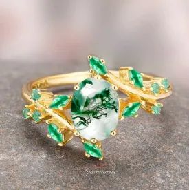 Green Moss Agate & Emerald Leaf Ring- 14K Yellow Gold Vermeil