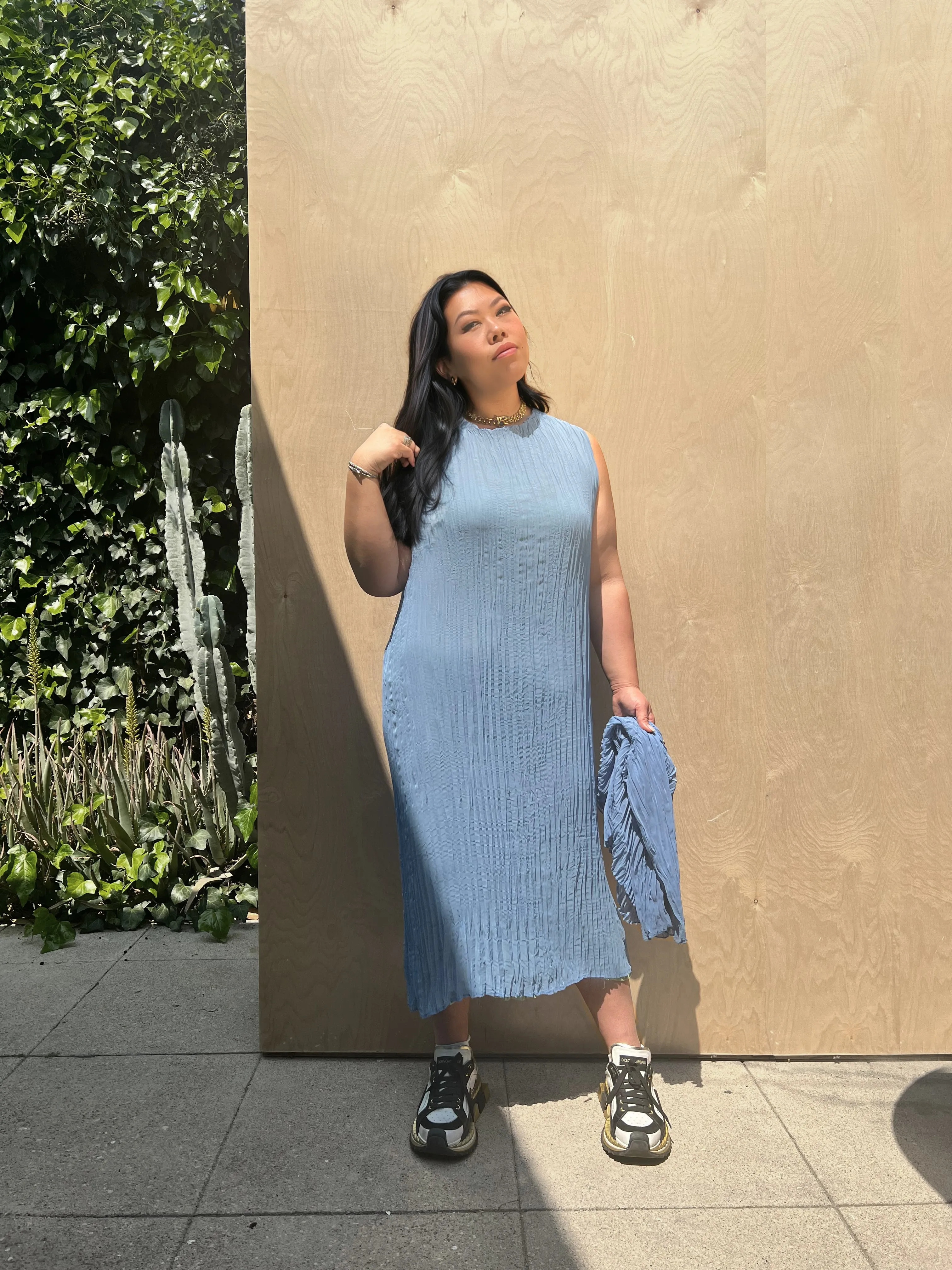 Jaya Pleated Dress- Reversible Blue Green