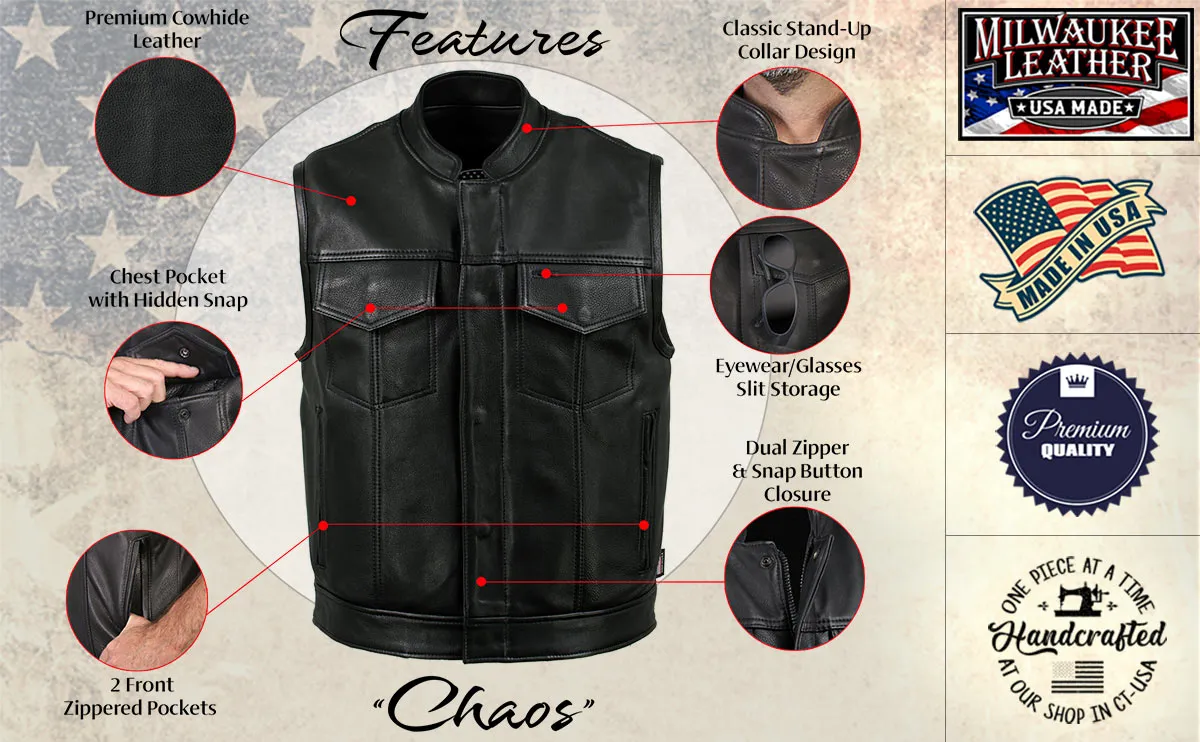 Milwaukee Leather USA MADE MLVSM5004 Men's Black 'Chaos' Premium Dual Closure Motorcycle Leather Vest