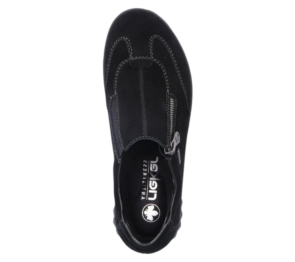 Pantofi casual, dama, RIEKER TEX ANTISTRESS, 59071-00 negru, piele intoarsa