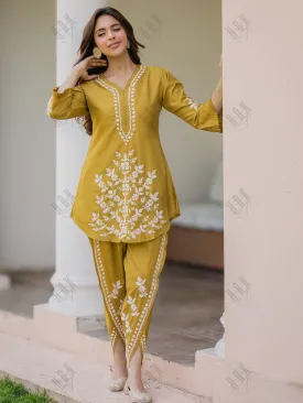 Saba Chikankari Kurta Set in Habutai Silk - Mustard