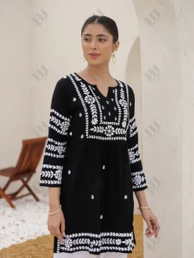 Saba Chikankari Short Kurta in Rayon cotton - Black With White