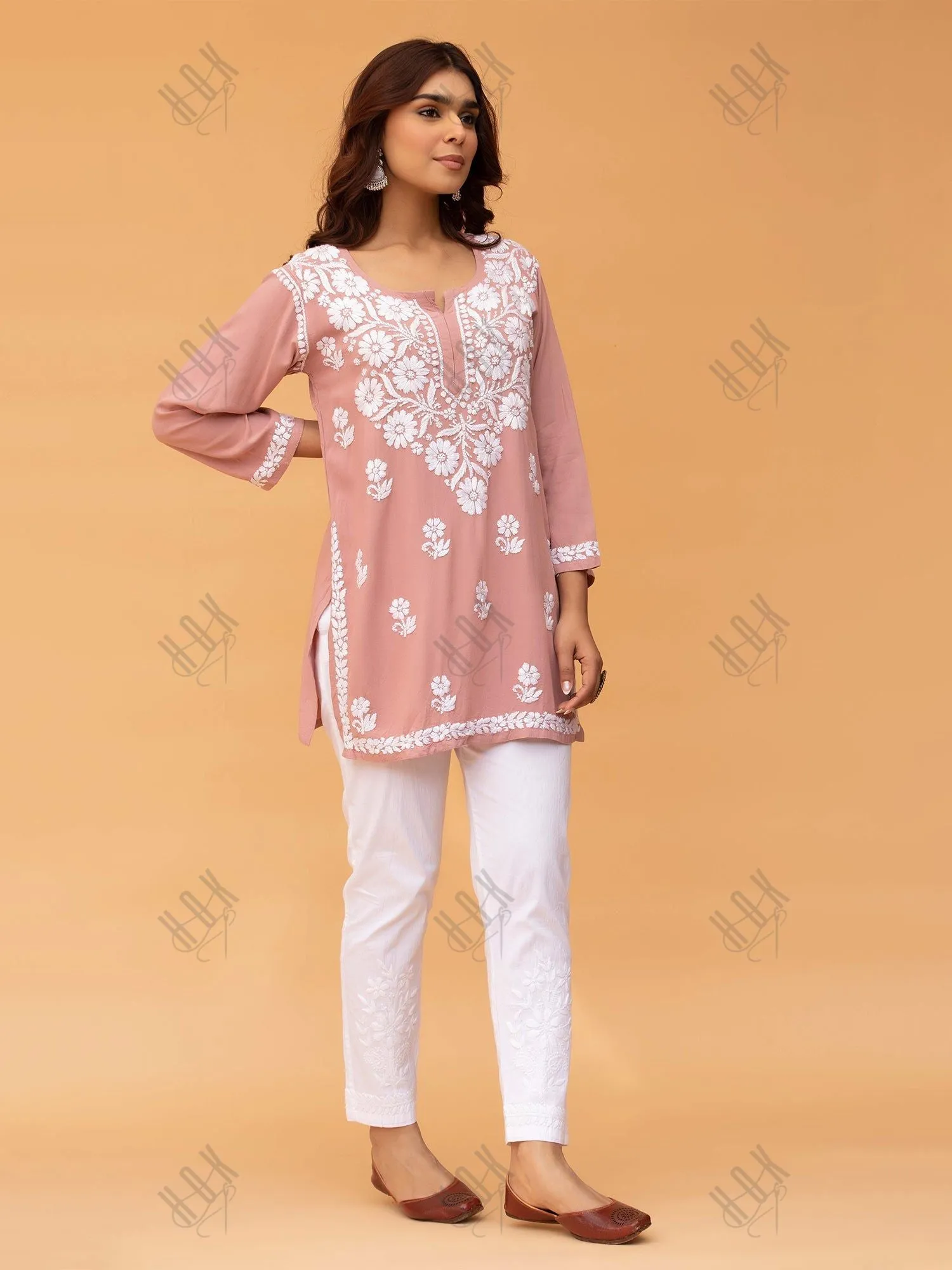 Saba Chikankari Short Kurta in Rayon cotton - Peach