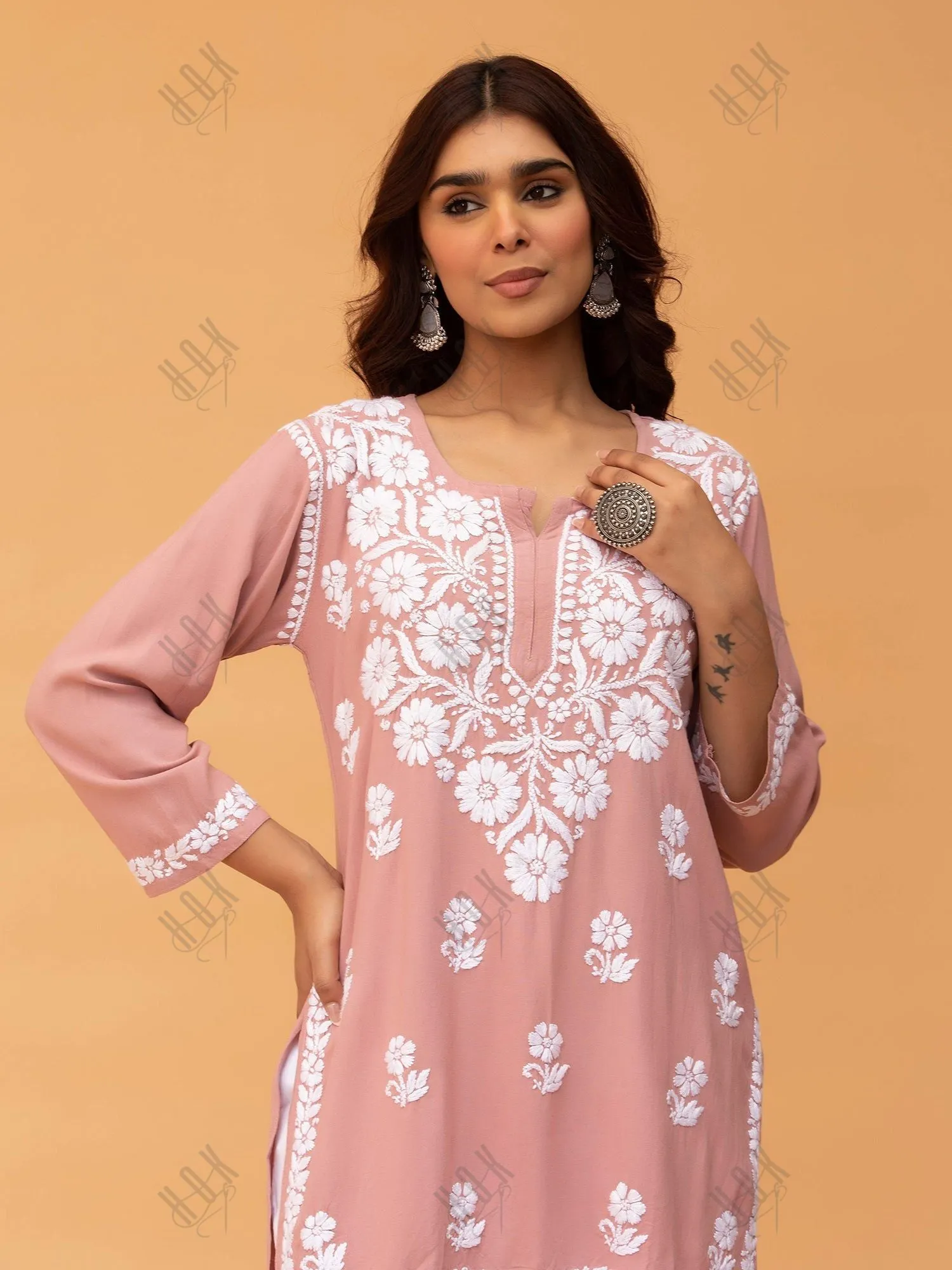 Saba Chikankari Short Kurta in Rayon cotton - Peach