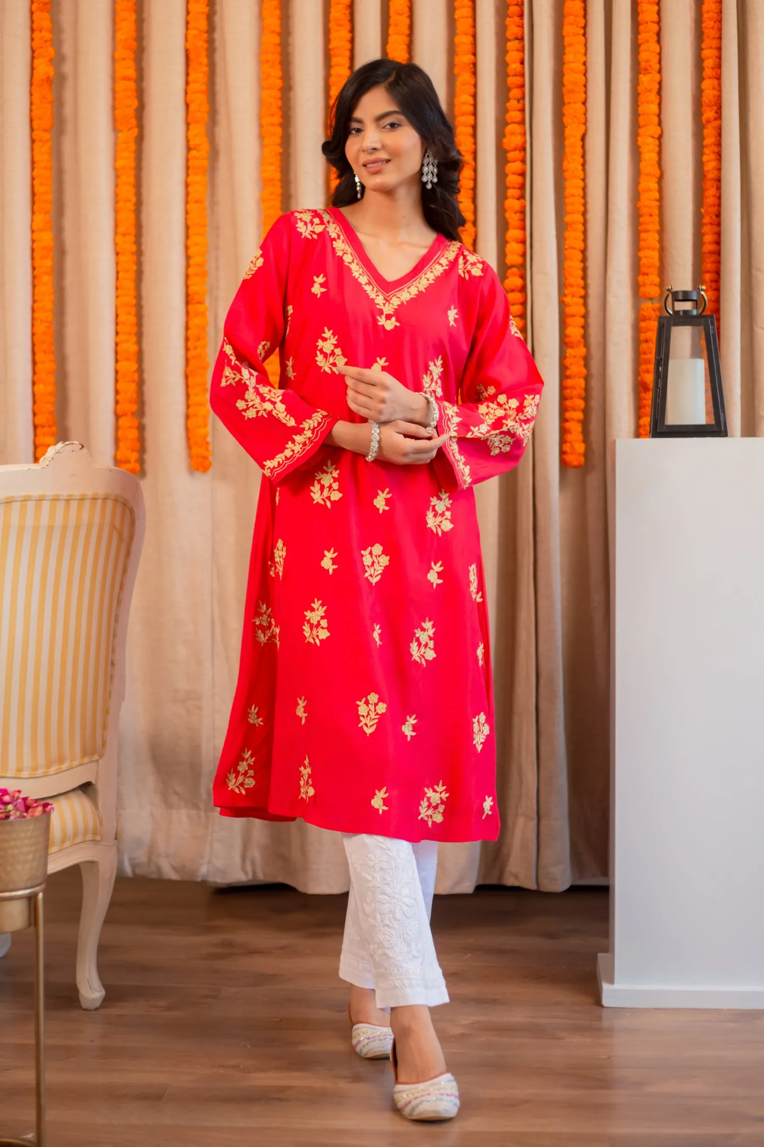 Saba Modal Silk Kurta In Red With Gold Zari Embroidery